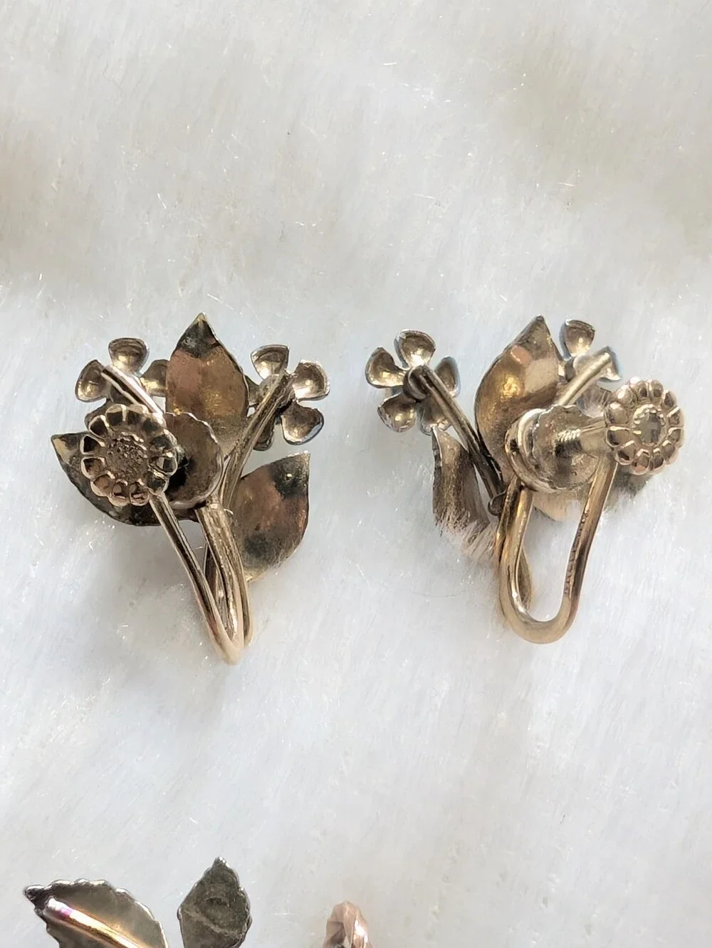 60s Vintage Krementz Gold Forget-Me-Not Cultured Pearl Matching Earrings & Pin